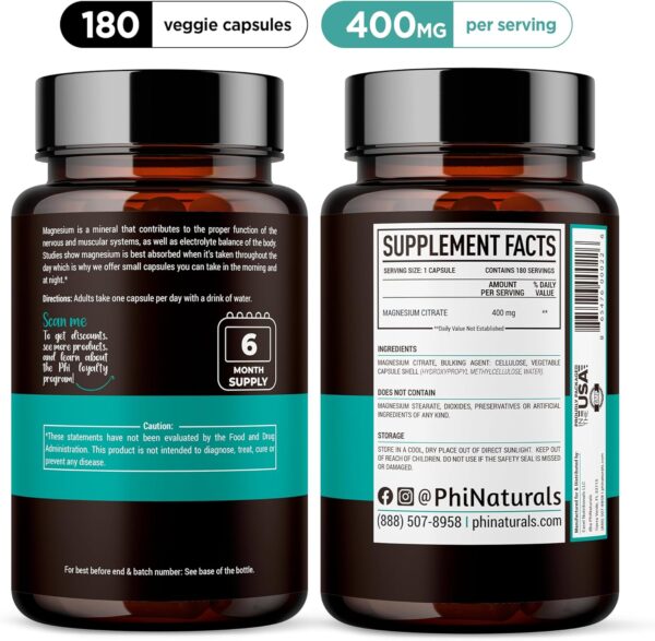 Citrato de Magnesio 400mg  PhiNaturals - 180 Cápsulas - Image 2
