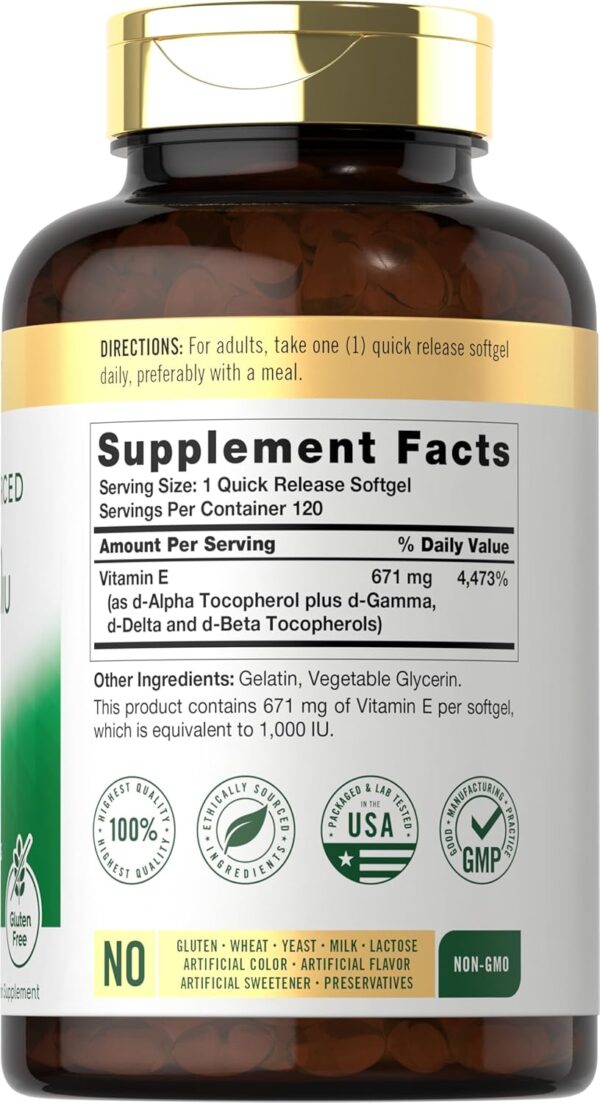 Vitamina E 1000 IU con Tocoferoles Mixtos - 120 Cápsulas Blandas - Carlyle - Image 3
